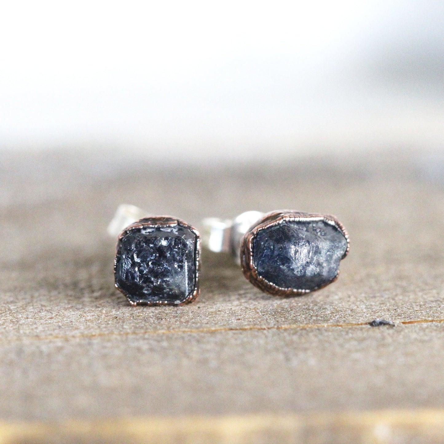 Raw Sapphire Earrings - September Birthstone Jewelry - Sterling Silver Earrings - Rough Stone Studs - Crystal Earrings