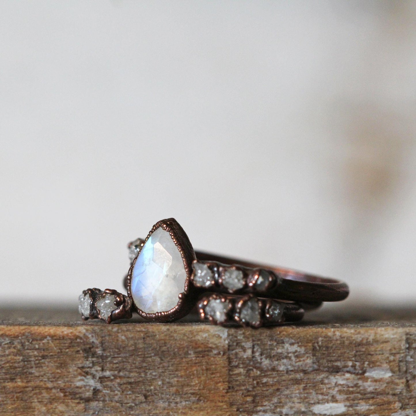 Moonstone Engagement Set - Raw White Diamond Ring - Alternative Wedding Jewelry