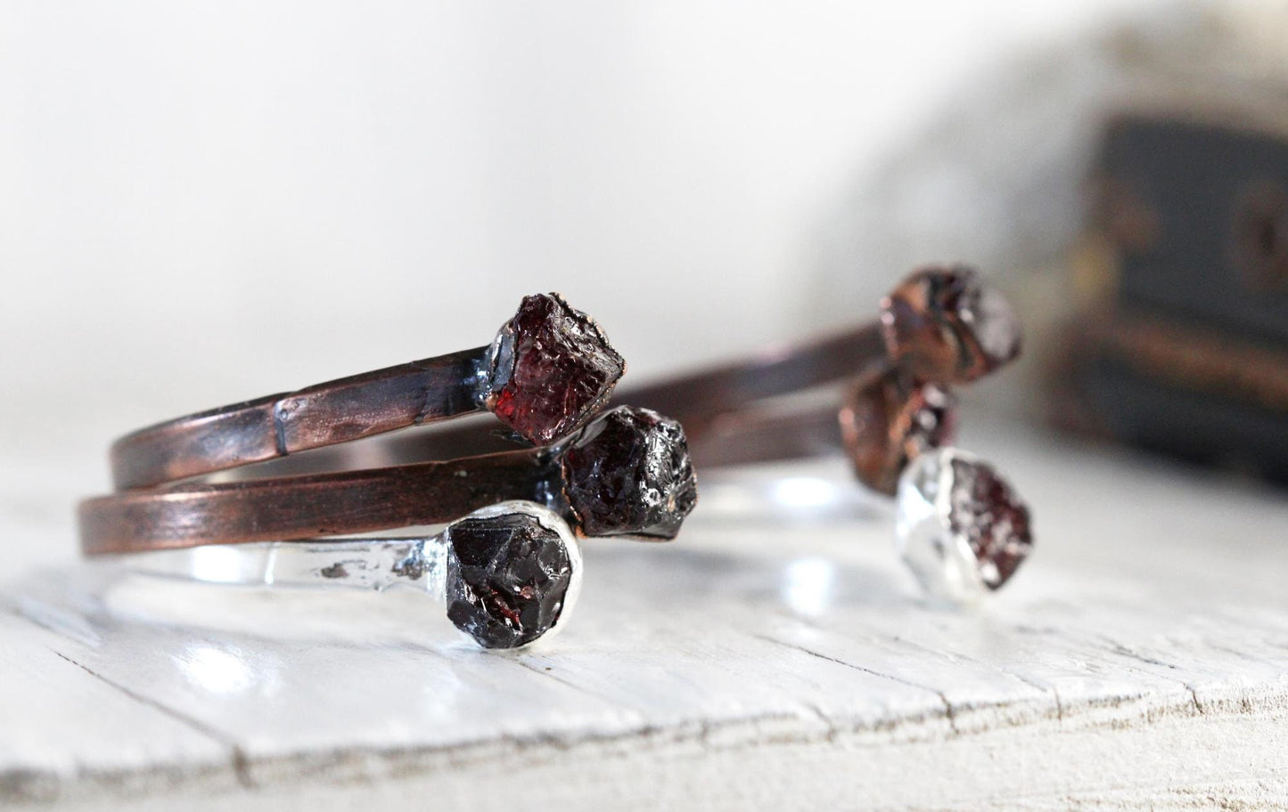 Raw Garnet Bracelet - January Birthstone - Open Copper Cuff - Raw Crystal Bracelet - Double Stone Bracelet