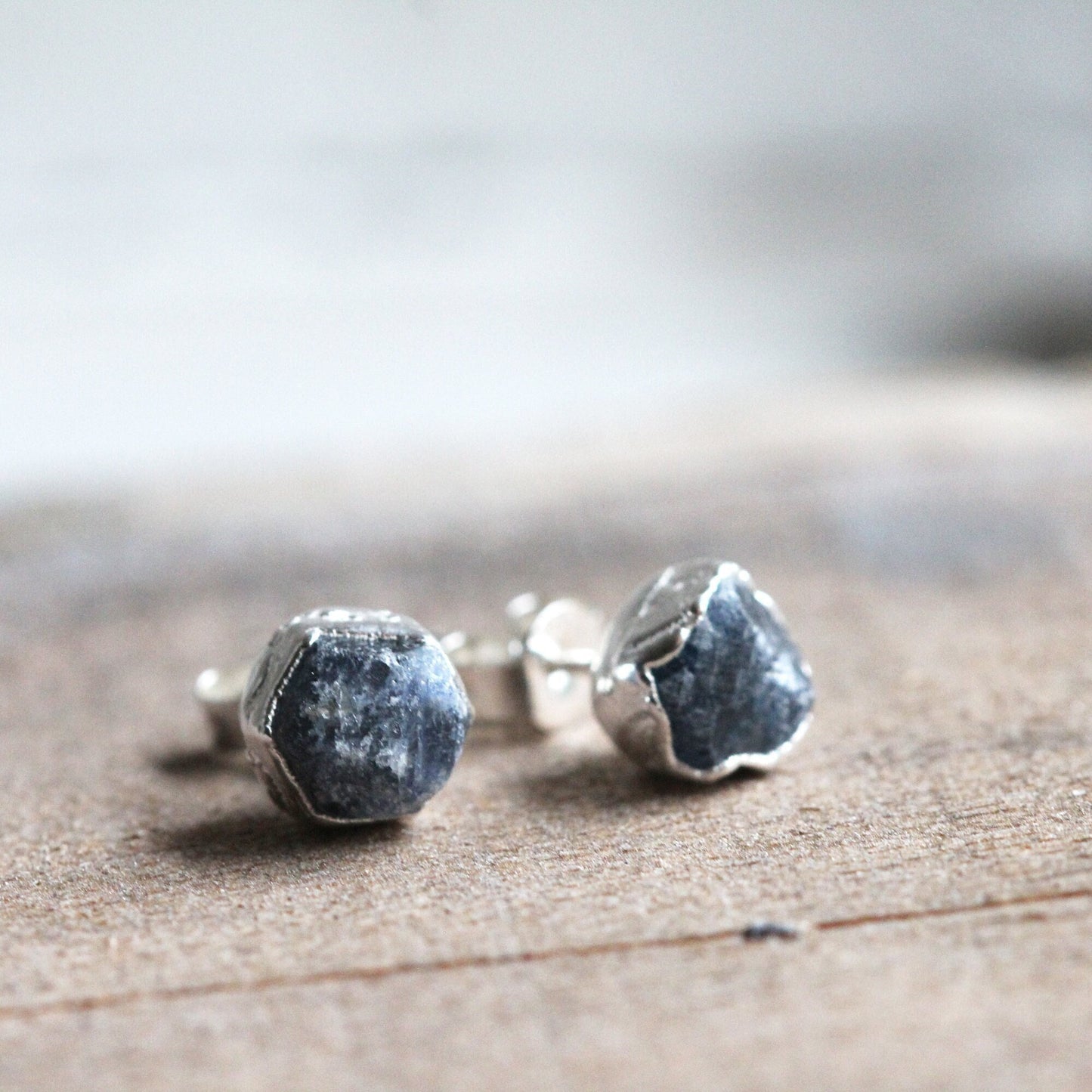 Raw Sapphire Earrings - September Birthstone Jewelry - Sterling Silver Earrings - Rough Stone Studs - Crystal Earrings