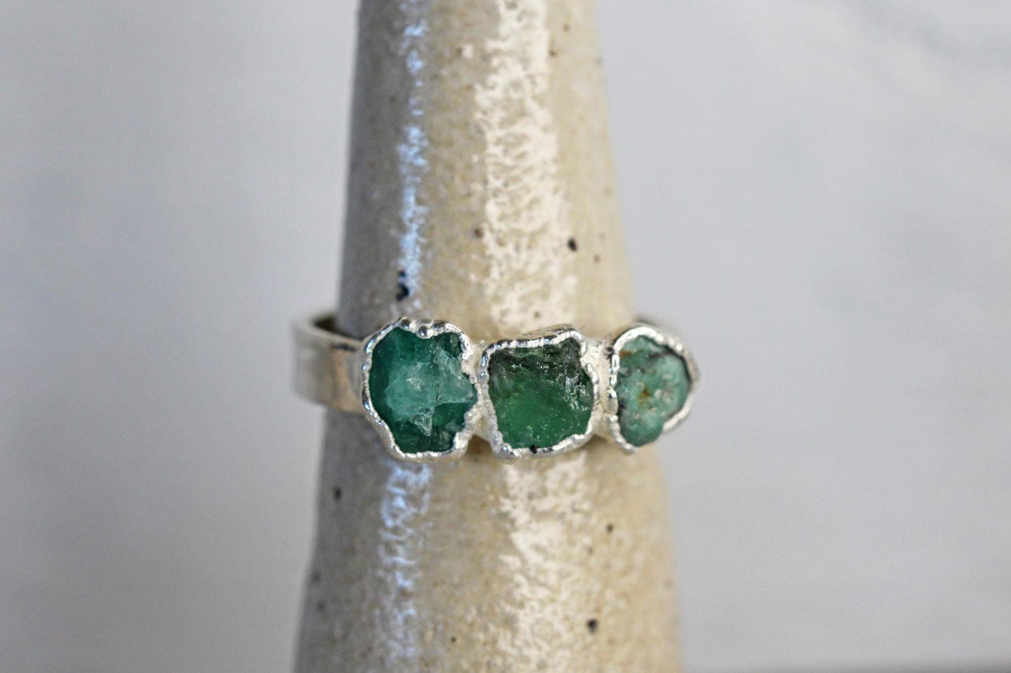 Raw Emerald Ring - Triple Stone Ring - Unisex Jewelry