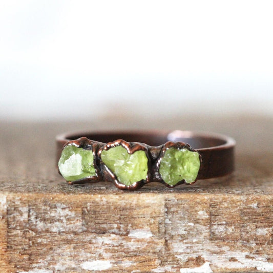 Raw Peridot Ring - August Birthstone - Wide Band - Multi Stone Ring
