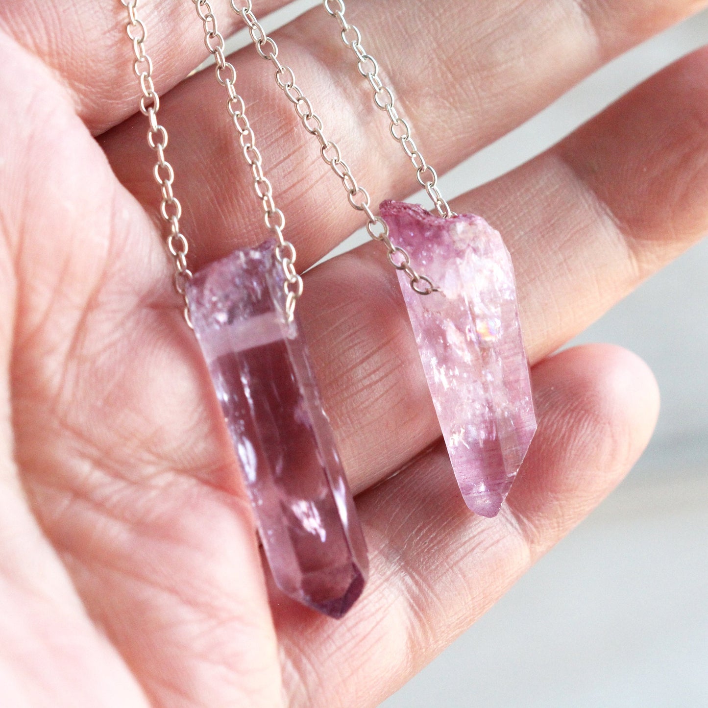 Aura Crystal Pendant - Sterling Silver Chain - Pink Quartz Necklace