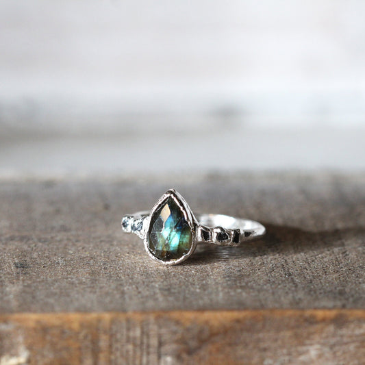 Labradorite Ring - Raw Diamond Promise Ring - March Birthstone