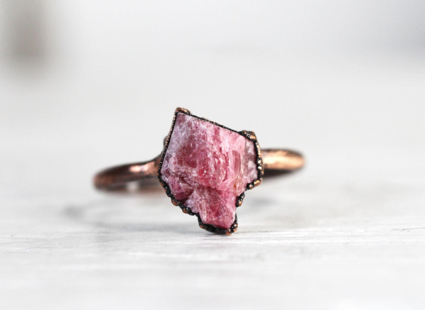 Rhodonite Ring - Raw Pink Crystal - Solitaire Ring - Electroformed Jewelry