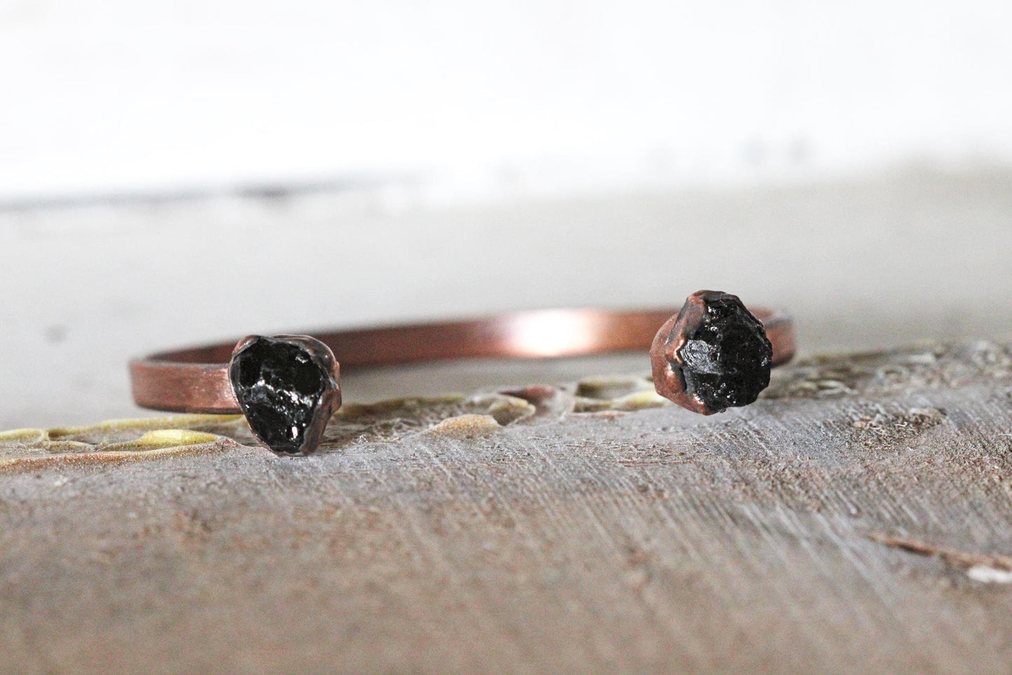 Black Tourmaline Bracelet - Open Copper Cuff - Raw Crystal Bracelet - Double Stone Bracelet