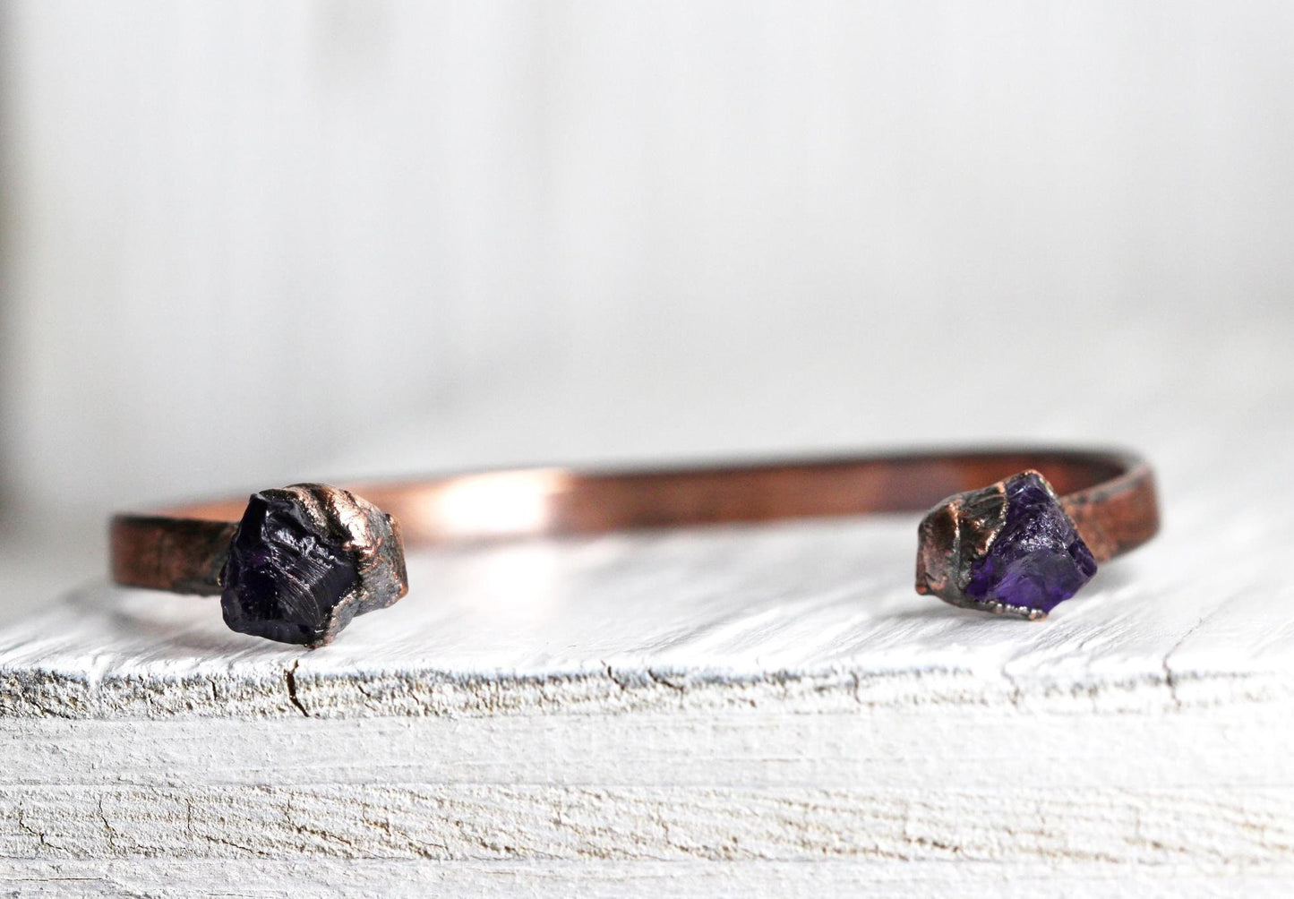 Raw Amethyst Bracelet - February Birthstone - Open Copper Cuff - Raw Crystal Bracelet - Double Stone Bracelet