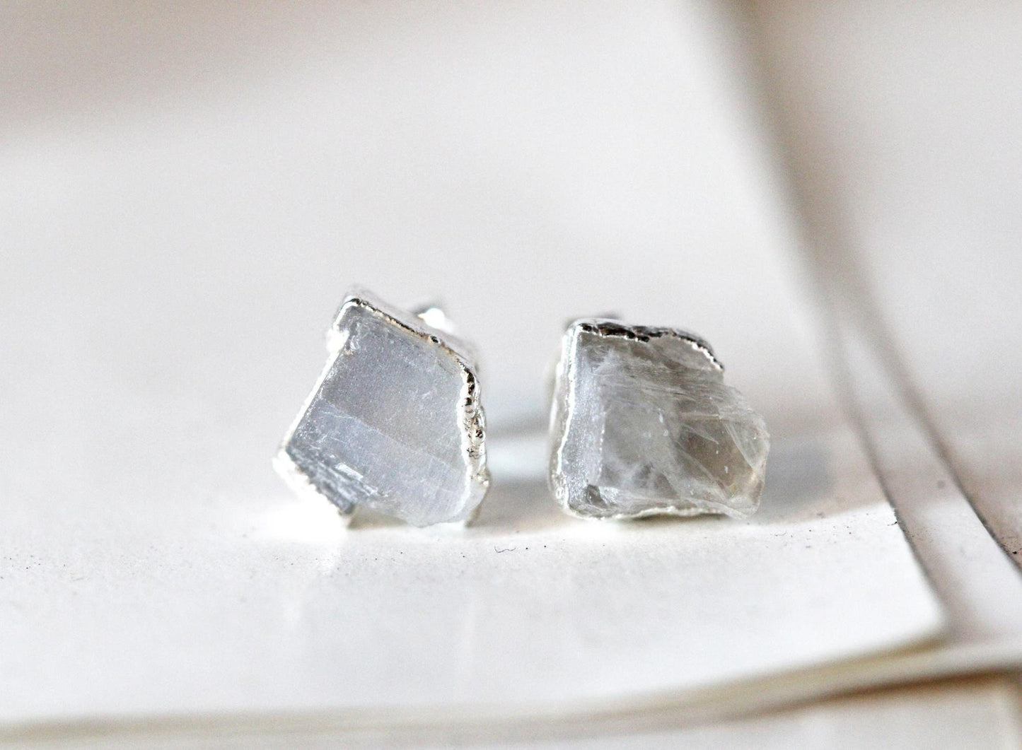 Raw Moonstone Studs - Small Stone Earrings - June Birthstone Gift