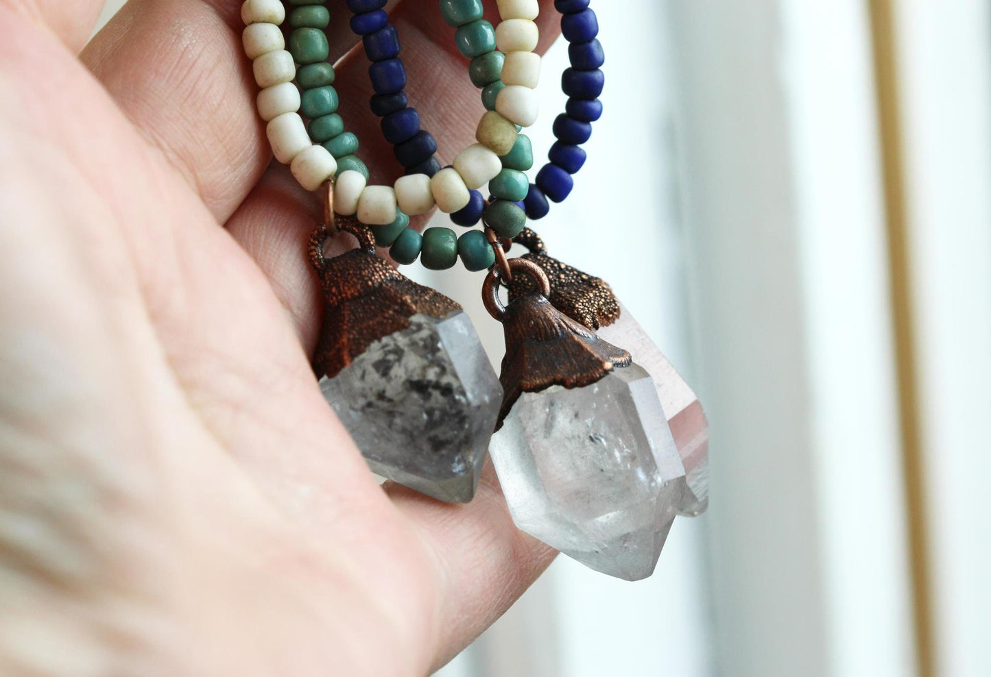 Raw Crystal Necklace - Clear Quartz Point Pendant - Beaded Stone - Layering Necklace