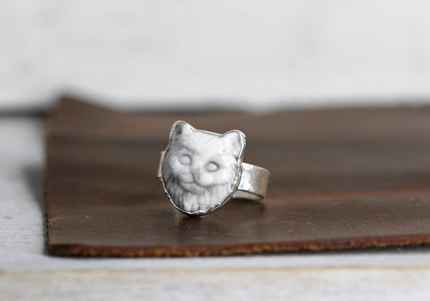 Cat Ring - Carved Howlite - Carved Stone Ring