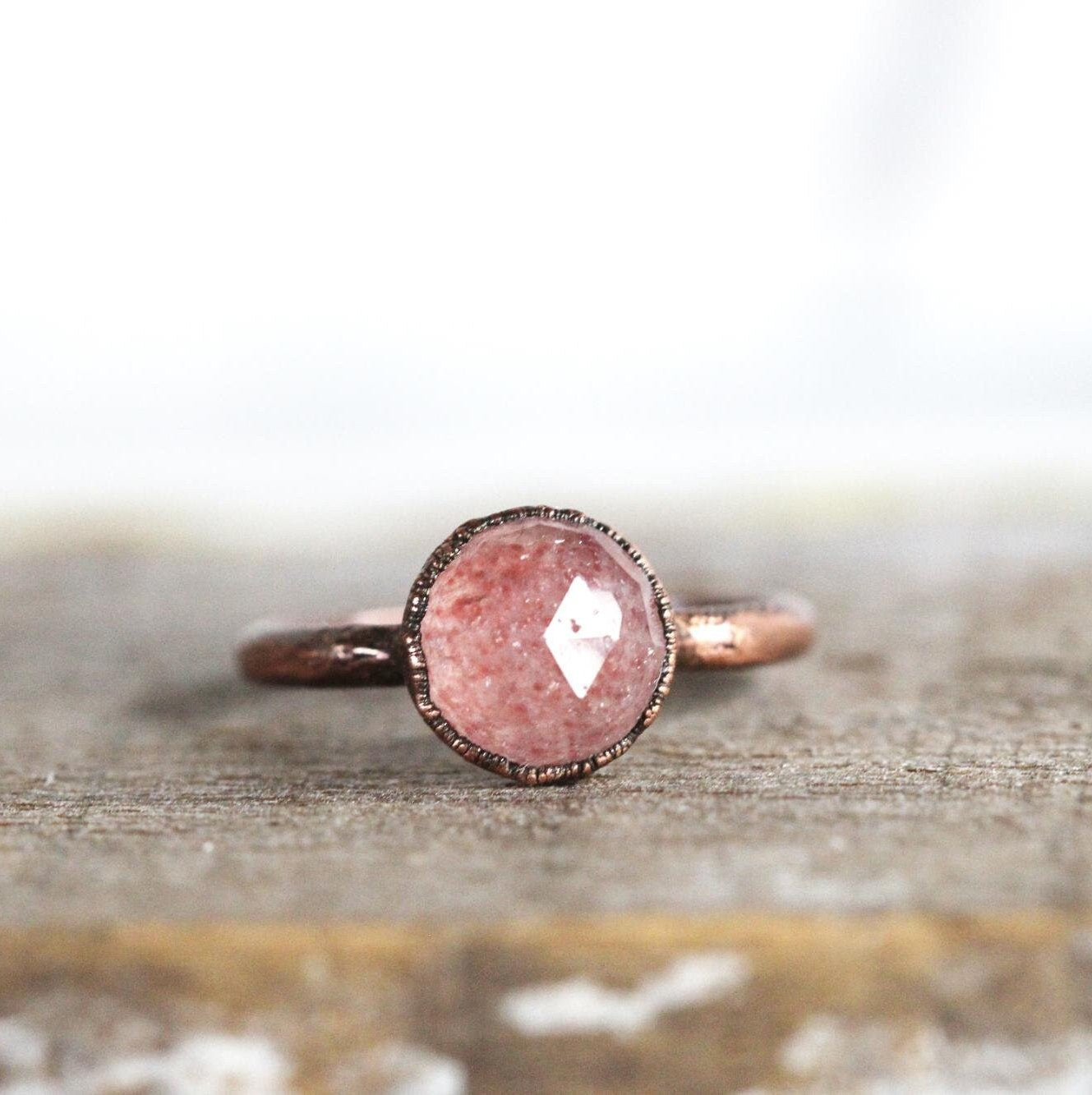 Strawberry Quartz Ring - Round Faceted Crystal - Gold Plated Jewelry