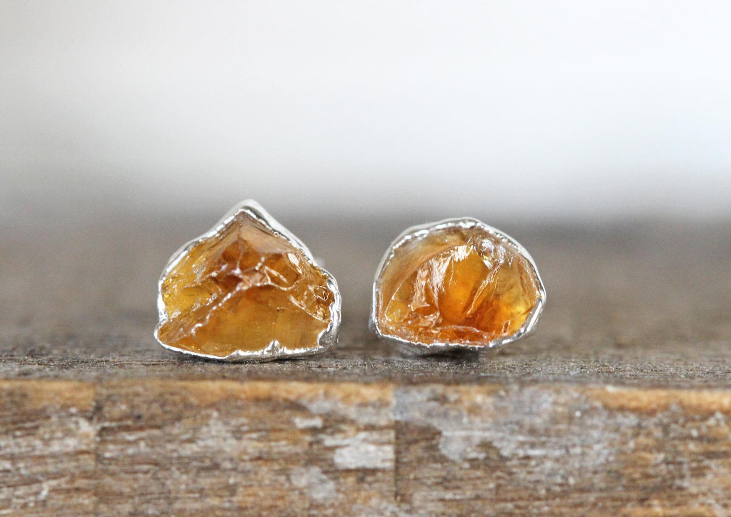 Citrine Earrings - Rough Crystal Studs - November Birthstone Earrings - Raw Crystal Studs - Sterling Silver Post Earrings
