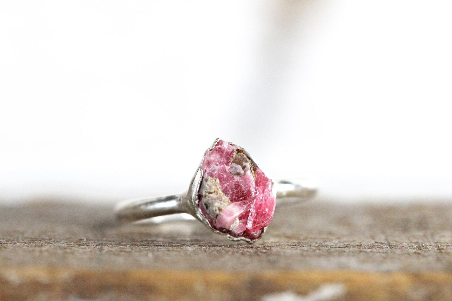 Rhodonite Ring - Raw Pink Crystal - Solitaire Ring - Electroformed Jewelry