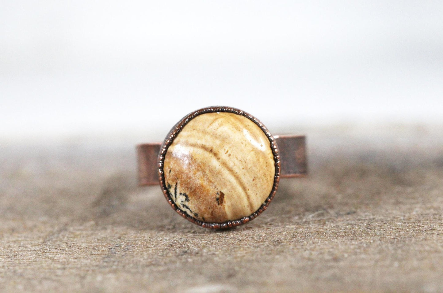Picture Jasper Ring - Electroformed Copper - Patterned Stone - Wide Band Ring