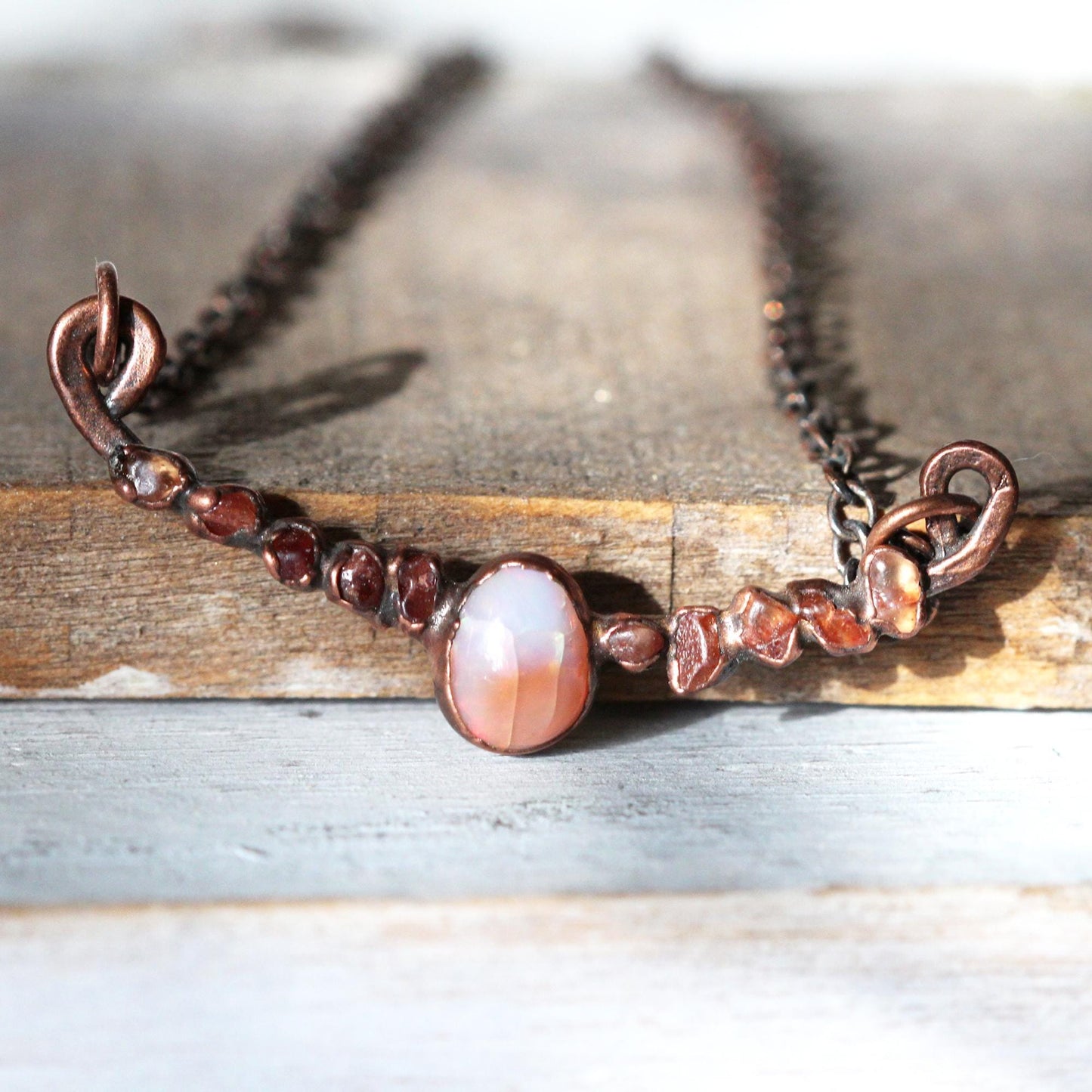 Mexican Opal Necklace - October Birthstone - Orange Sapphire Bib Necklace