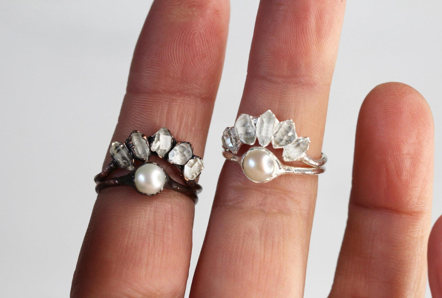 Wedding Ring Set - Pearl Wedding Set - Herkimer Engagement Ring
