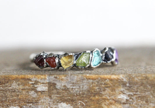 Rainbow Ring - Chakra - Yoga Jewelry - Raw Stone Chakra Ring
