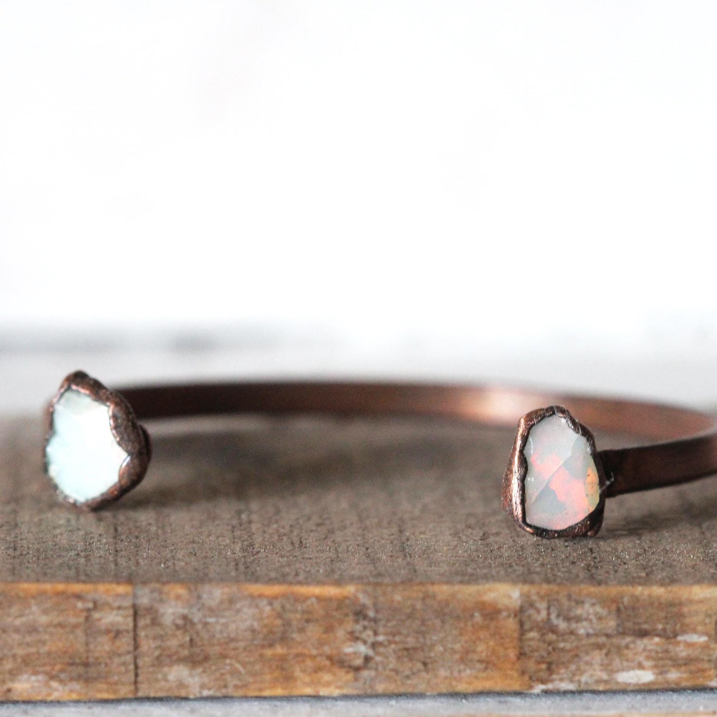 Opal Bracelet - Open Copper Cuff - Ethiopian Opal - Double Stone Bracelet