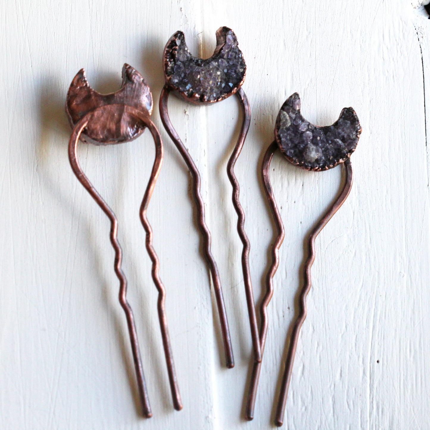 Amethyst Hair Fork - Raw Stone Hair Jewelry - Crescent Moon