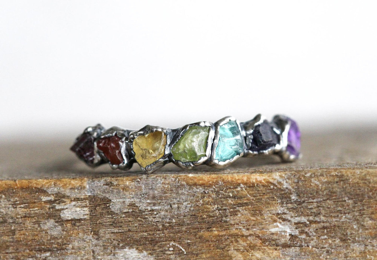 Rainbow Ring - Chakra - Yoga Jewelry - Raw Stone Chakra Ring