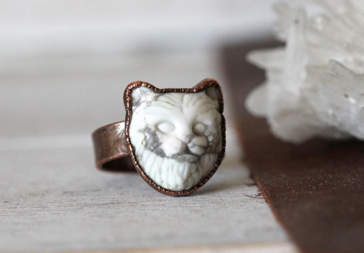 Cat Ring - Carved Howlite - Carved Stone Ring