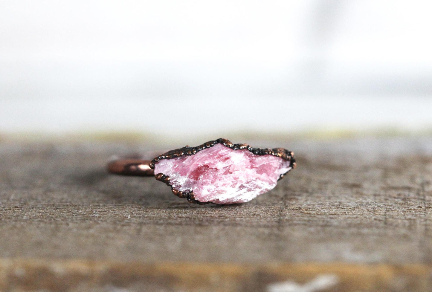 Rhodonite Ring - Raw Pink Crystal - Solitaire Ring - Electroformed Jewelry