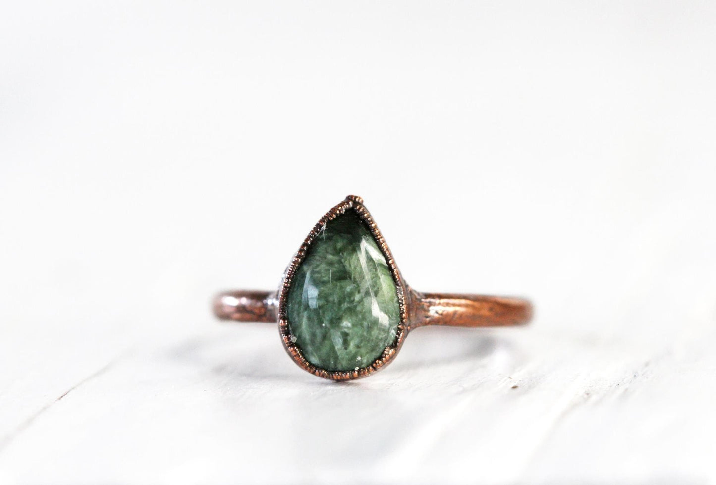 Seraphinite Ring - Electroformed Stacking Ring - Teardrop Stone