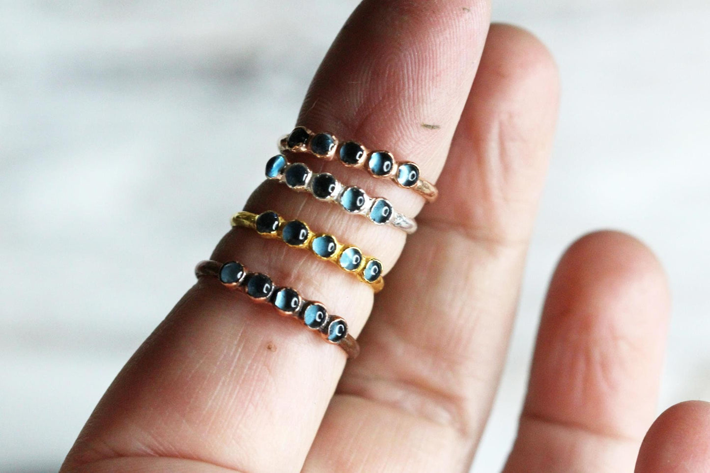 London Blue Topaz Ring - Yellow Gold - Multi Stone Stacking Ring - Copper Jewelry