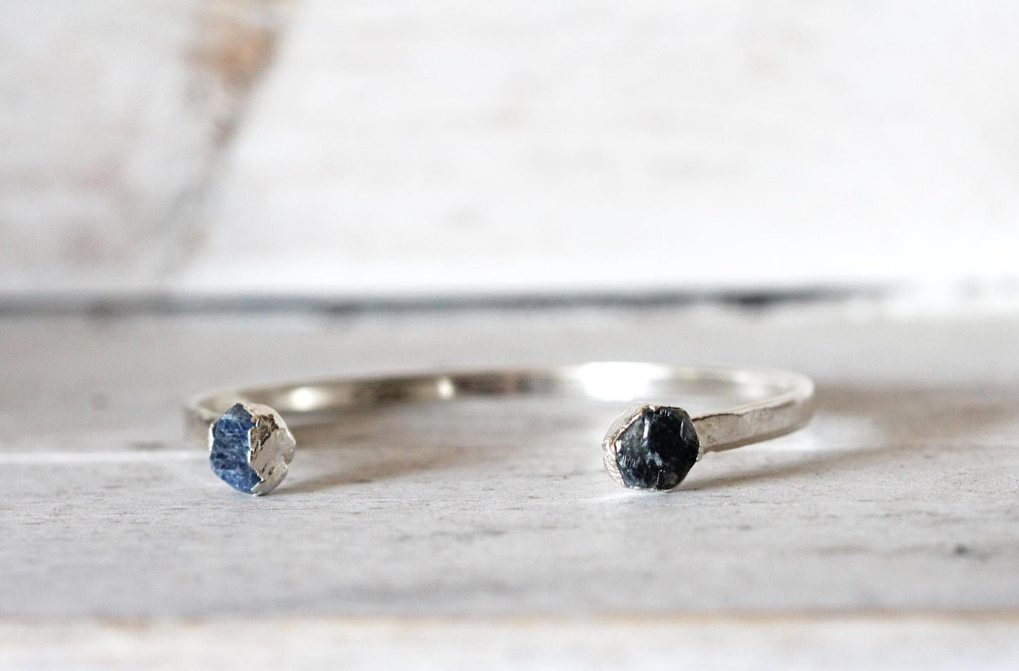 Raw Sapphire Bracelet - September Birthstone - Open Copper Cuff - Raw Crystal Bracelet - Double Stone Bracelet