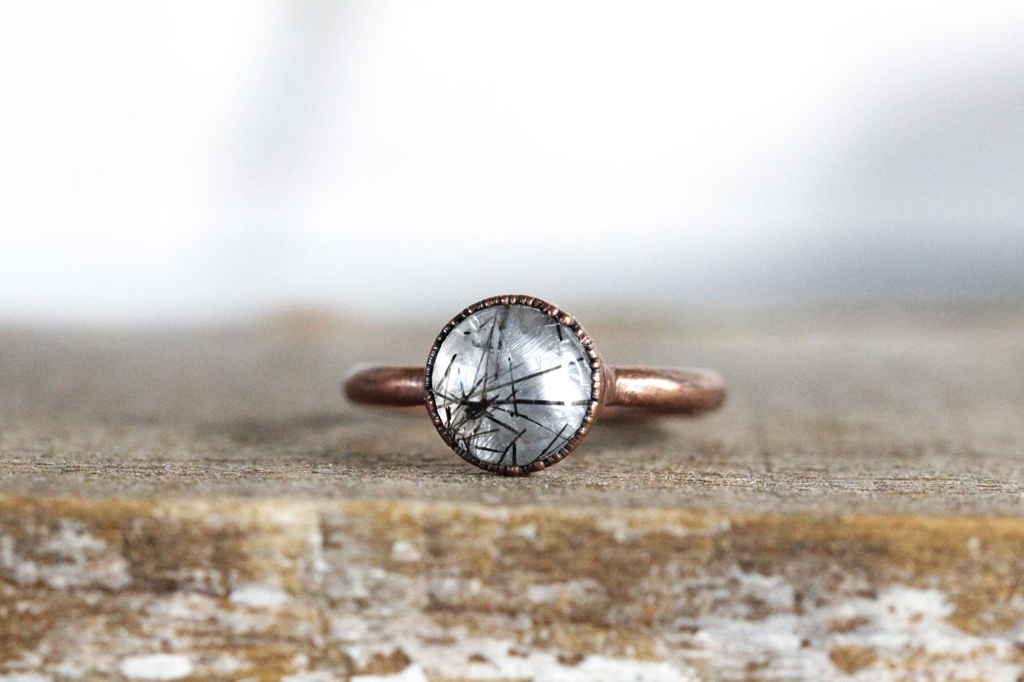 Rutilated Quartz Ring - Black Rutile Ring - Round Polished Stone