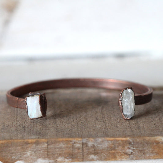 Raw Moonstone Bracelet - June Birthstone - Open Cuff - Raw Crystal Bracelet - Double Stone Bracelet