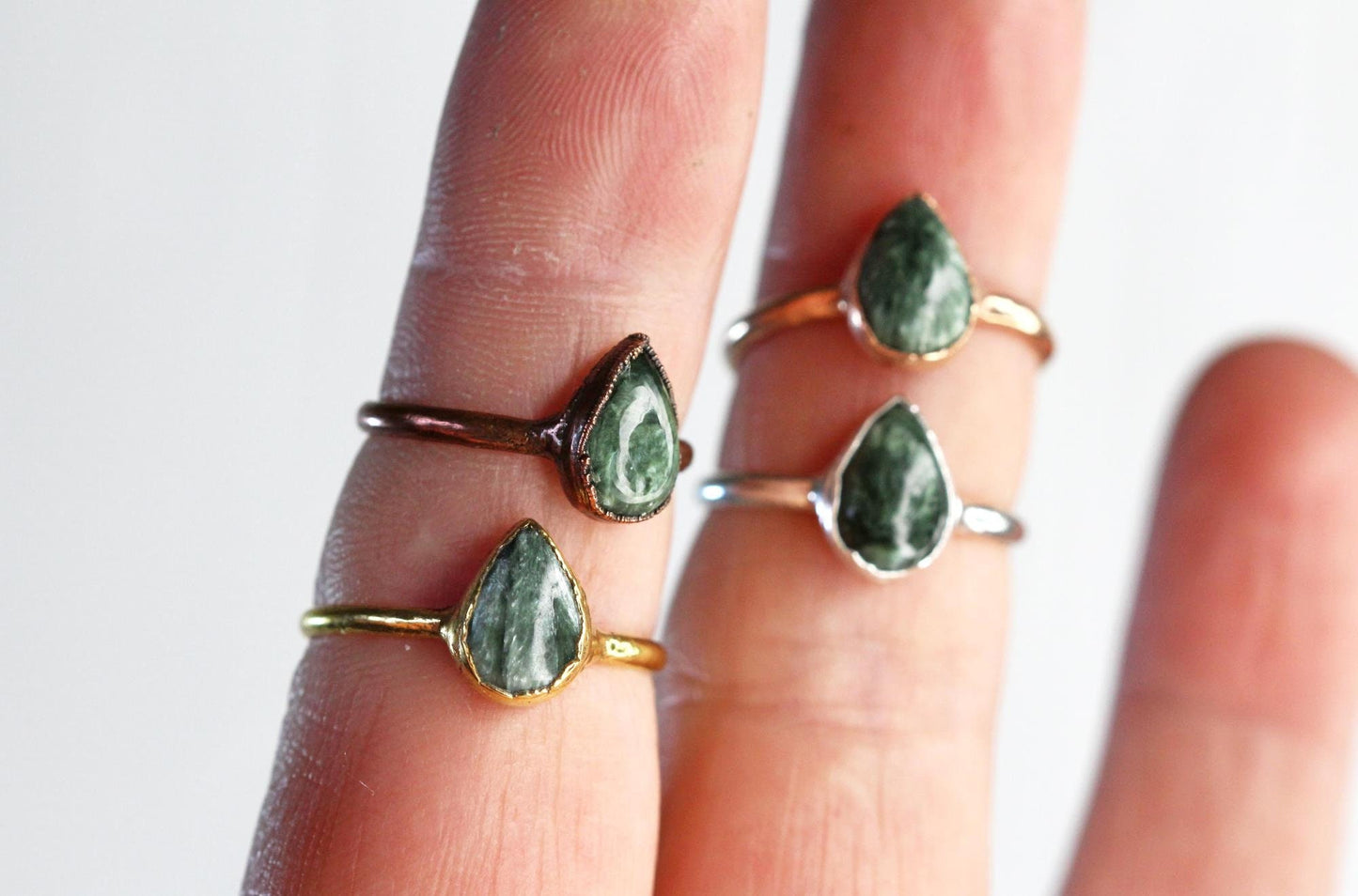 Seraphinite Ring - Electroformed Stacking Ring - Teardrop Stone