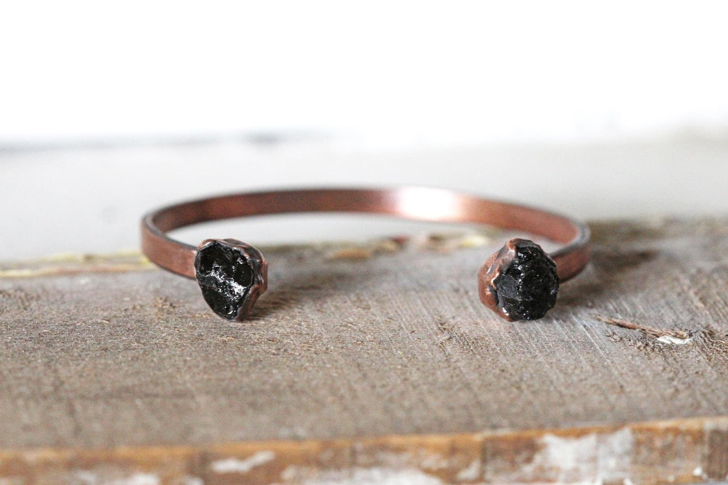 Black Tourmaline Bracelet - Open Copper Cuff - Raw Crystal Bracelet - Double Stone Bracelet