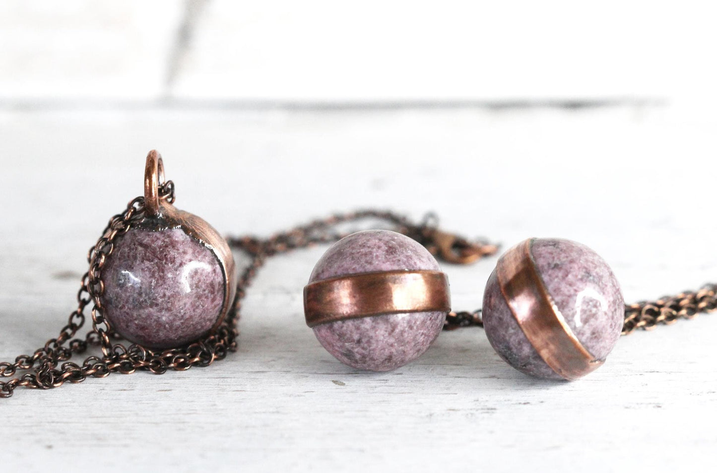 Lepidolite Necklace - Sphere Pendant - Electroformed Copper Jewelry