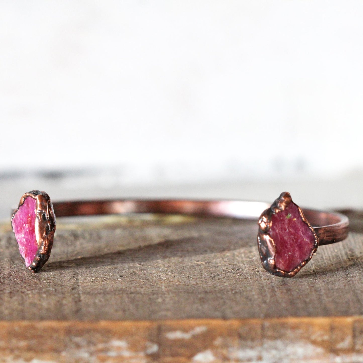 Raw Ruby Bracelet - July Birthstone - Open Copper Cuff - Raw Crystal Bracelet - Double Stone Bracelet