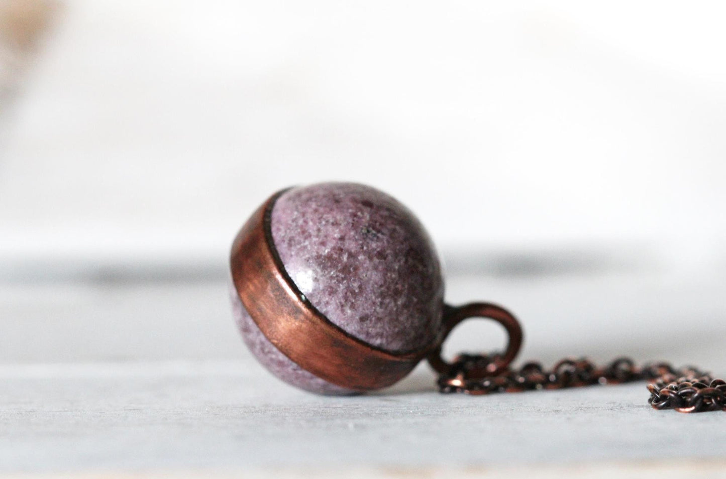 Lepidolite Necklace - Sphere Pendant - Electroformed Copper Jewelry