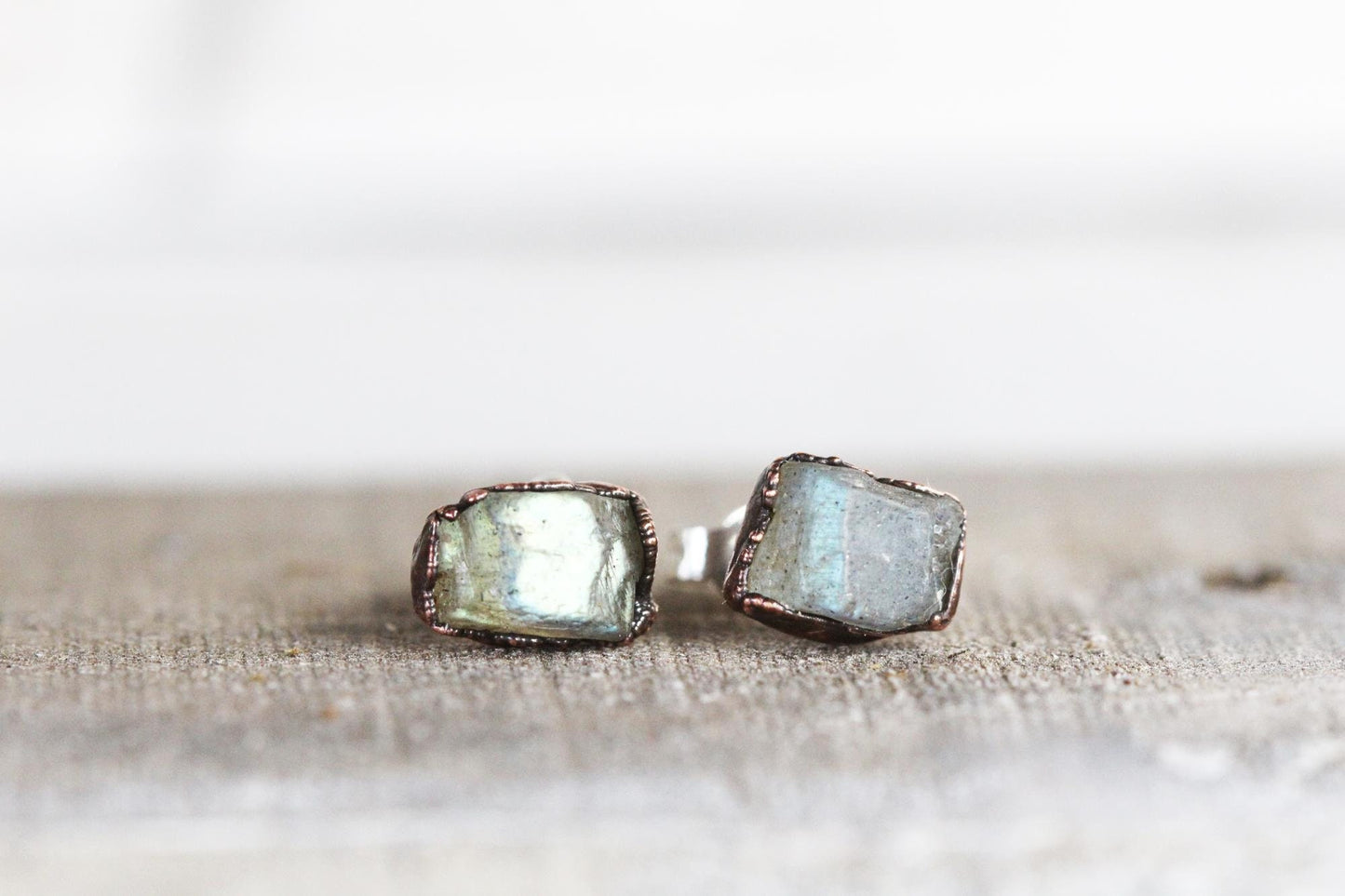 Raw Labradorite Studs - Labradorite Earrings - Raw Stone Copper Earrings