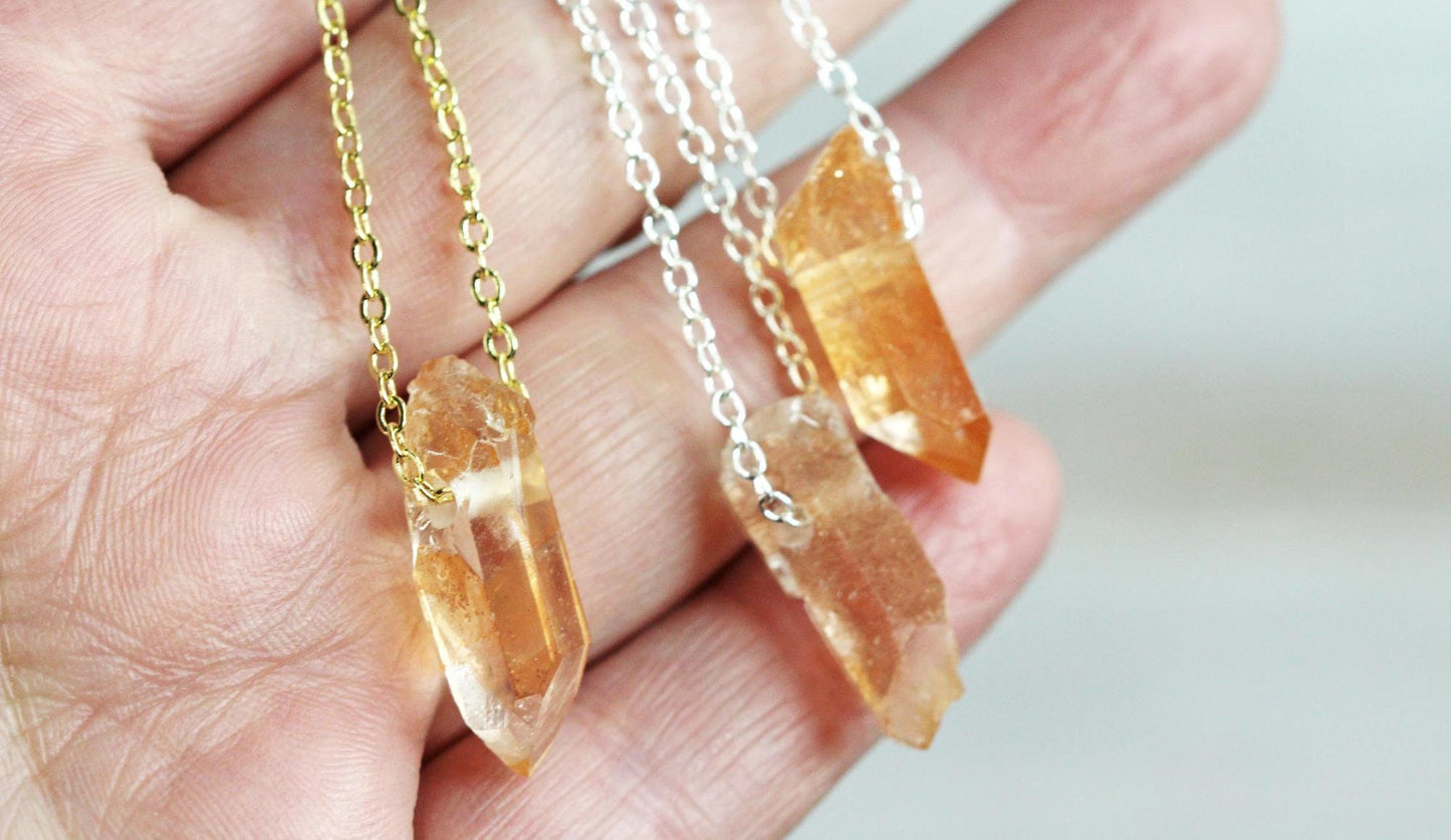 Tangerine Quartz Necklace - Raw Crystal Pendant - Beaded Stone