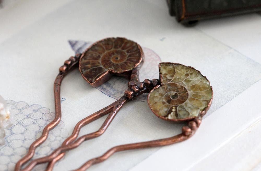 Ammonite Hair Fork - Copper Hair Jewelry - Fossilized Hair Accessory