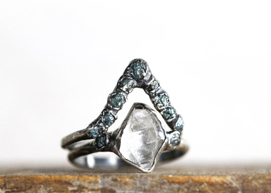 Raw Diamond Wedding Ring Set - Blue Diamond Engagement Ring - Herkimer Wedding Ring - Conflict Free Diamond Wedding Ring