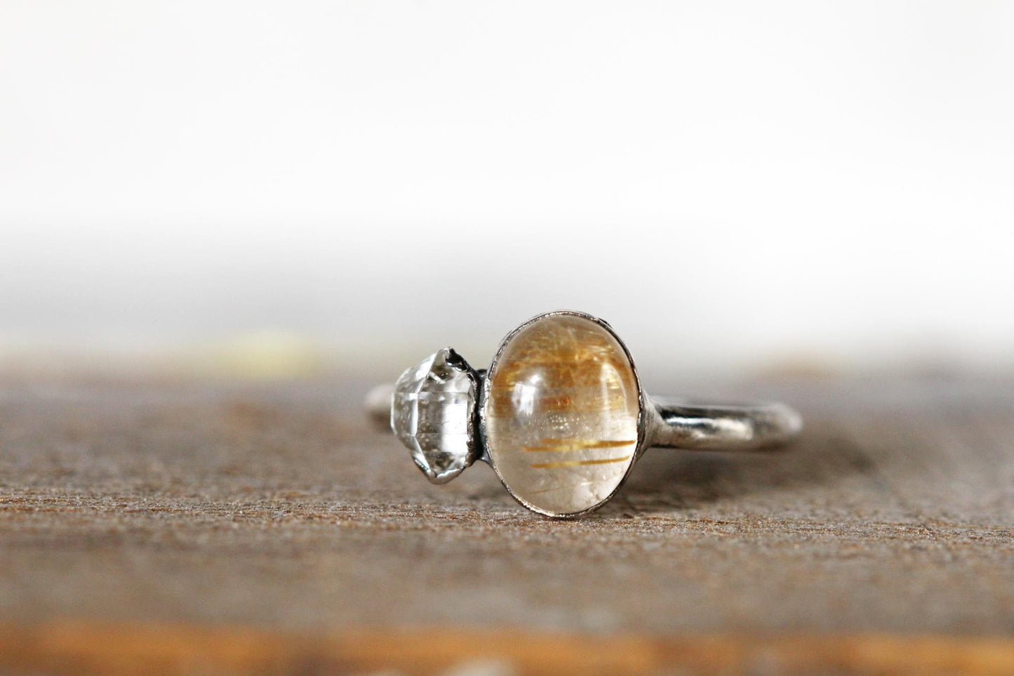 Rutilated Quartz Ring - Polished Golden Rutilated Cabochon - Herkimer Diamond