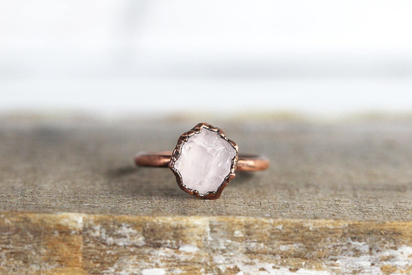 Rose Quartz Ring  - Raw Pink Crystal Ring - Electroformed Copper