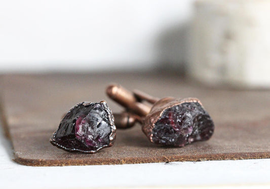 Garnet Cuff Links - Raw Birthstone Cufflinks - January Birthstone - Graduation Gift - Crystal Cuff Links