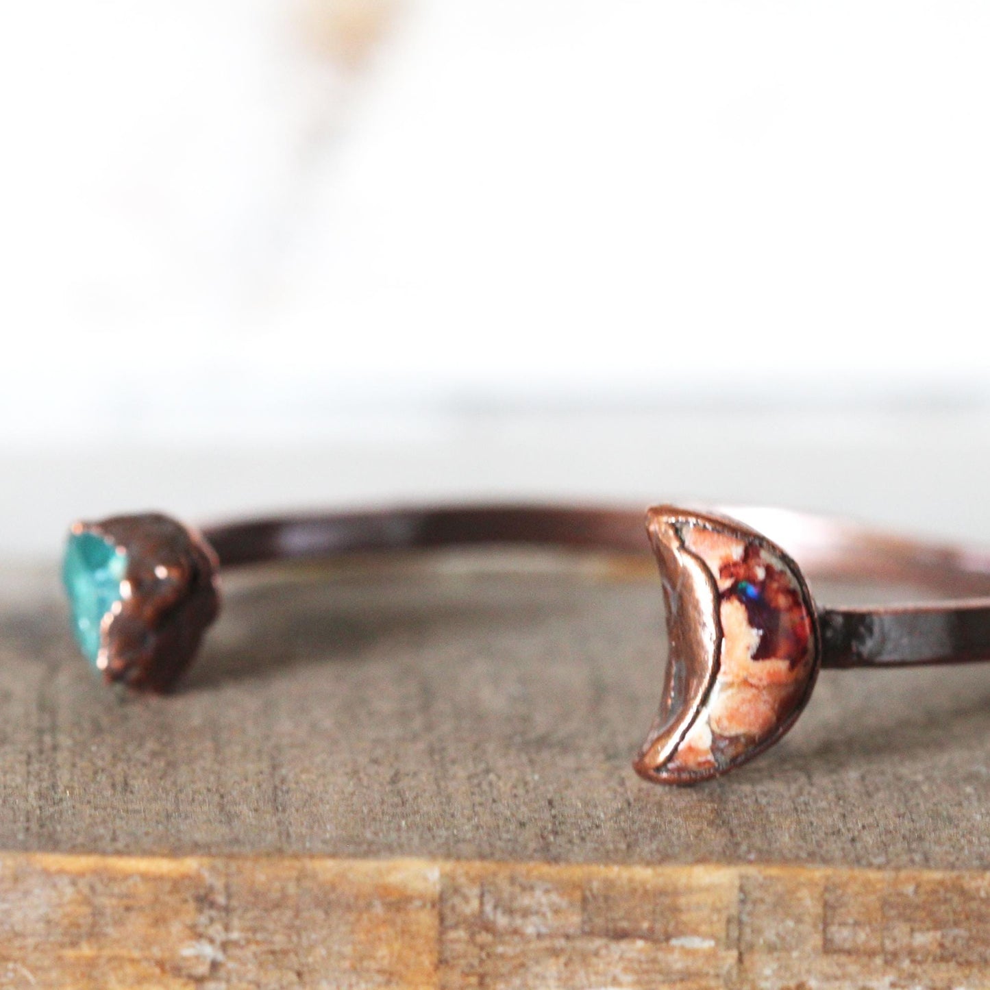 Mexican Opal Bracelet - Crescent Moon Cuff - Blue Apatite Bracelet