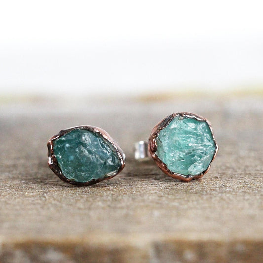Blue Apatite Earrings - Raw Crystal Earrings - Stone Post Earrings - Sterling Silver Studs