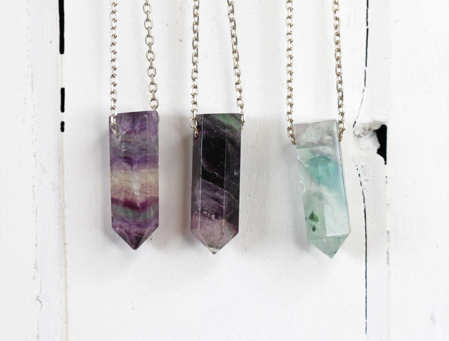 Rainbow Fluorite Necklace - Fluorite Point Pendant - Silver Layering Necklace