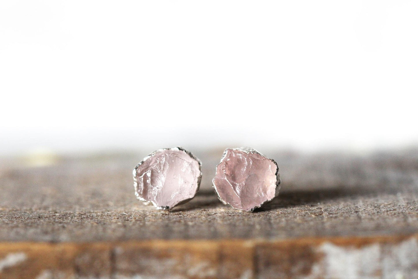 Rose Quartz Earrings - Pink Stone Posts - Raw Crystal Earrings - Sterling Silver Stud Earrings - Copper Jewelry