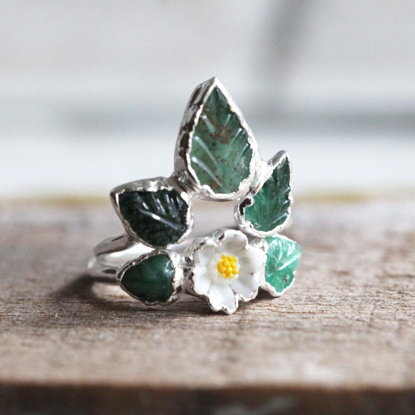 Emerald Wedding Ring Set - Floral Theme - Spring Wedding