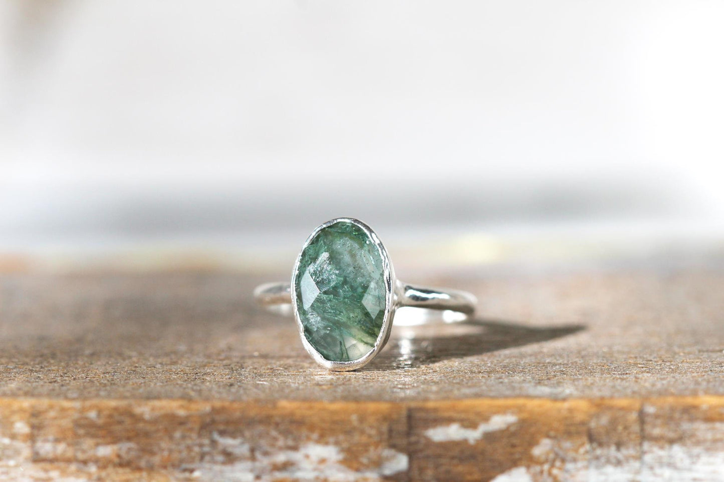 Moss Agate Ring - Faceted Oval Stone - Electroformed Jewelry