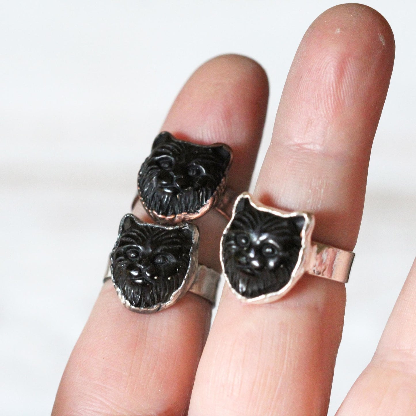 Cat Ring - Black Obsidian Jewelry - Carved Stone Ring